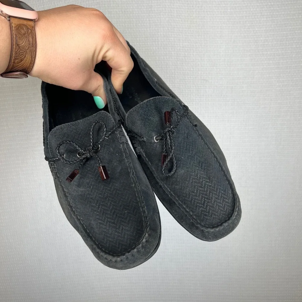 Ermenegildo Zegna Mens Black Suede Herringbone Driving Loafers Size 9 EU 10 US